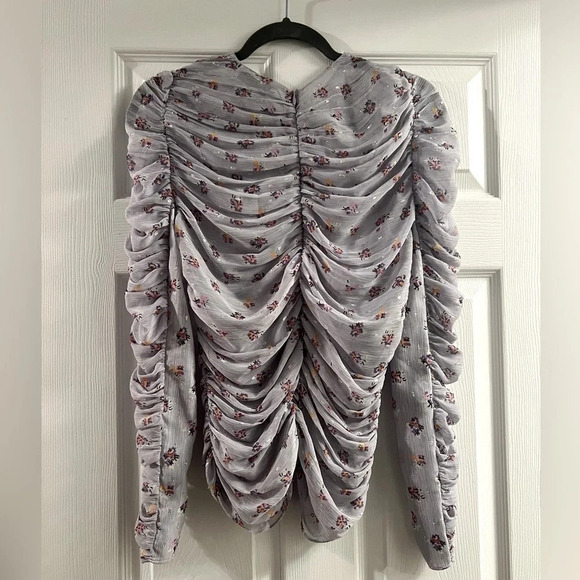 ZARA PRINTED BLOUSE S PURPLE FLORAL GATHERED DETAILS RUCHED LONG SLEEVE - Picture 5 of 6